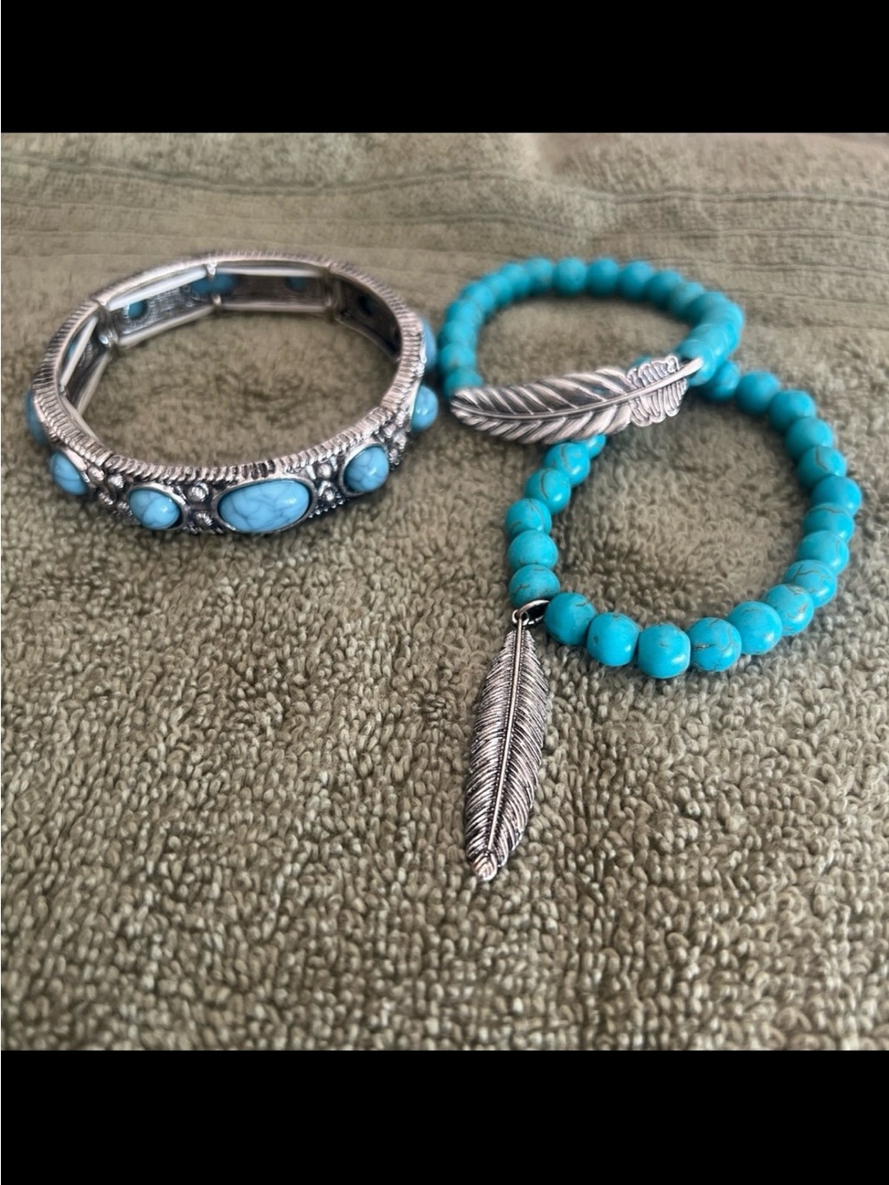 Turquoise Bead & Silver Feather Bracelet Set - Women Jewelry